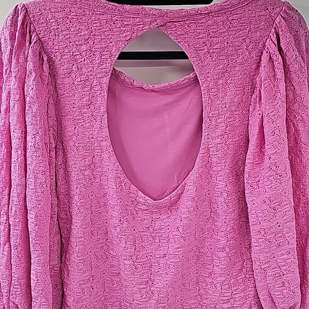Free People Tea‎ Time Top Barbie Pink Lacey Puffed Sleeve Open Back Top